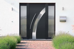 Nerūdijančio plieno danga RAL 7016 antracidas, ornamentinis stiklas Satinato, Integruota nerūdijančio plieno rankena V78