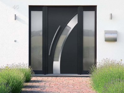 Nerūdijančio plieno danga RAL 7016 antracidas, ornamentinis stiklas Satinato, Integruota nerūdijančio plieno rankena V78