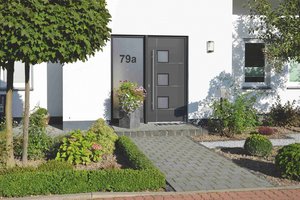 Pilkas užpildas su juostomis RAL 7012, stiklinimas G500-25 matinis su aiškiais elementais (numeris),  rankena nerūdijančio plieno 9027-13