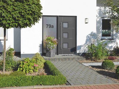 Pilkas užpildas su juostomis RAL 7012, stiklinimas G500-25 matinis su aiškiais elementais (numeris),  rankena nerūdijančio plieno 9027-13